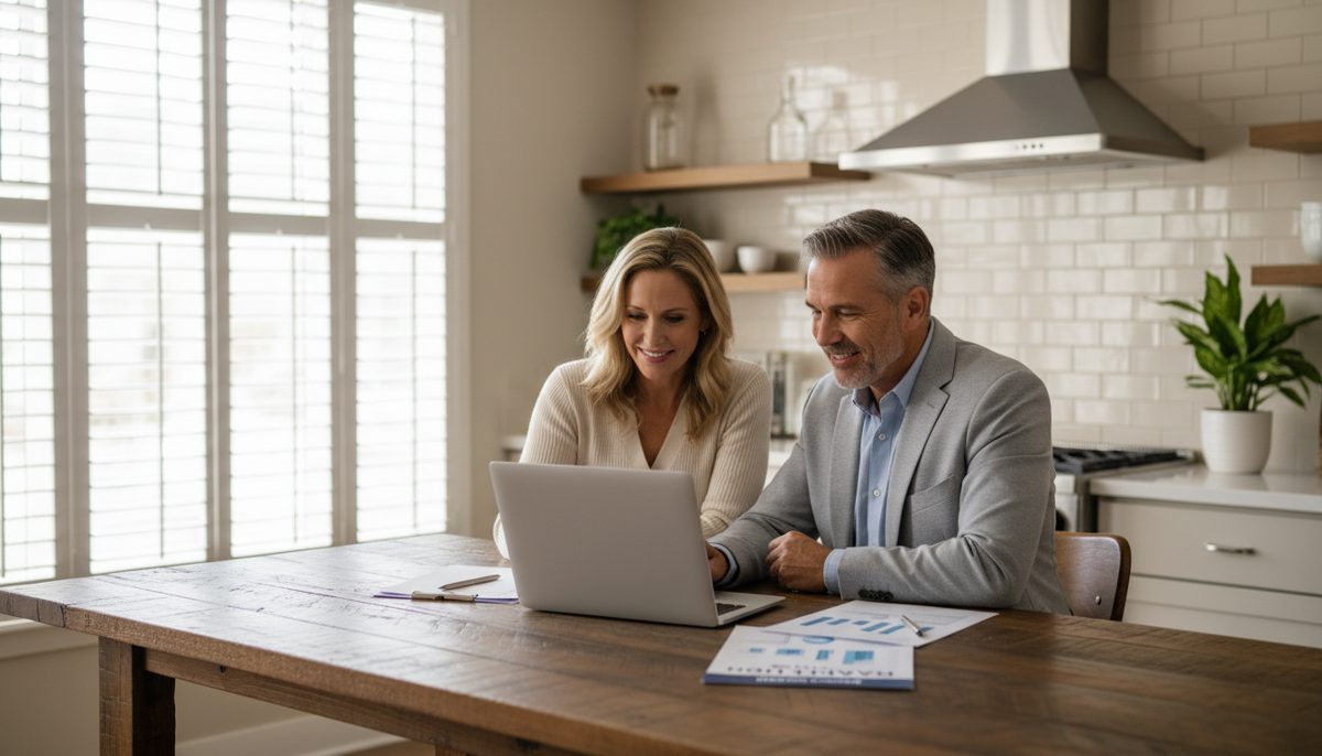 photorealistic neutral-toned scene of a Texas couple at a kitchen table reviewing health insurance options on a laptop w