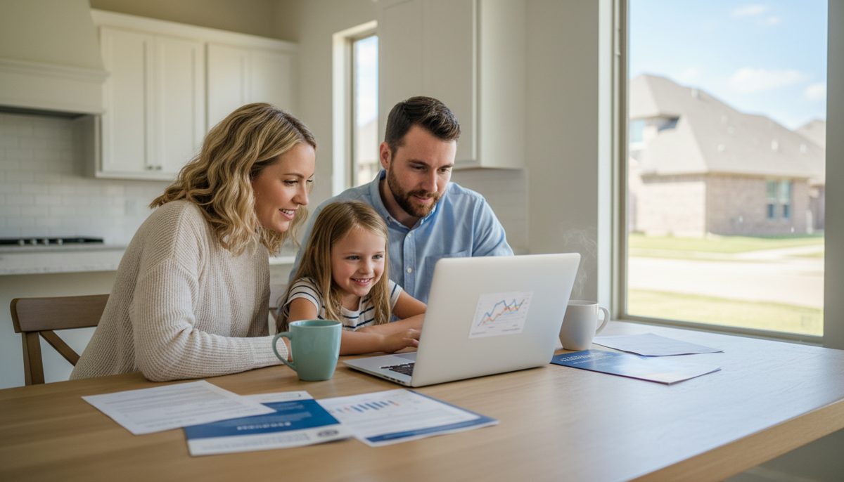 photorealistic young Texas family sitting at a kitchen table in a bright neutral-toned home, looking at a laptop togethe