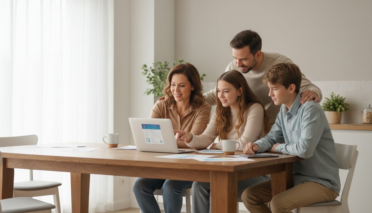 photorealistic neutral-color scene of a Texas family sitting at a kitchen table reviewing health insurance options on a 