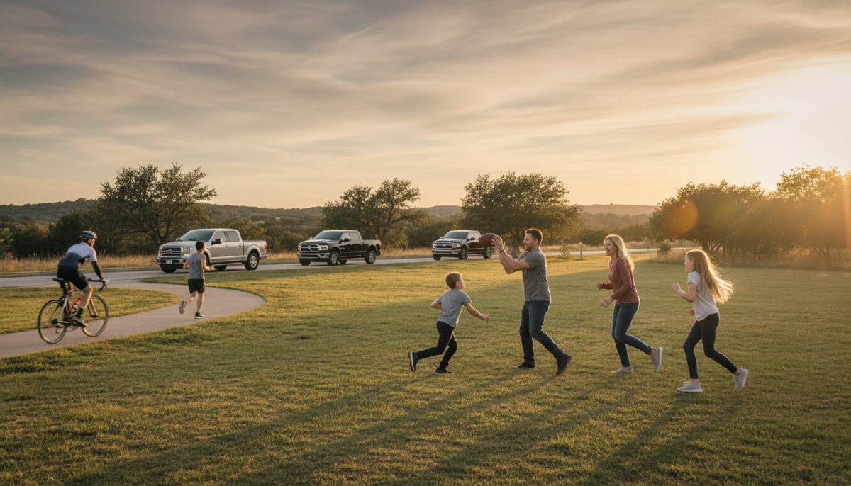 photorealistic wide shot of active Texas lifestyle, family playing football in a park while a cyclist and a jogger pass 