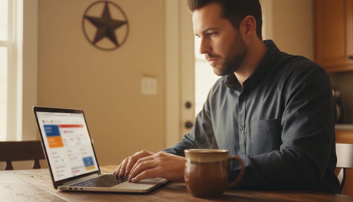 Professional Texan reviewing life insurance quotes on a laptop