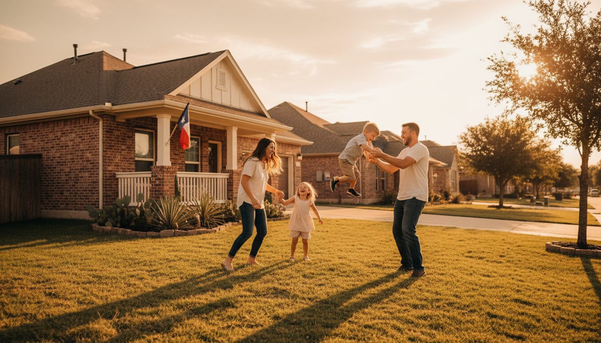 photorealistic warm-toned scene of a young Texas family, parents with two children playing in front yard of a suburban h