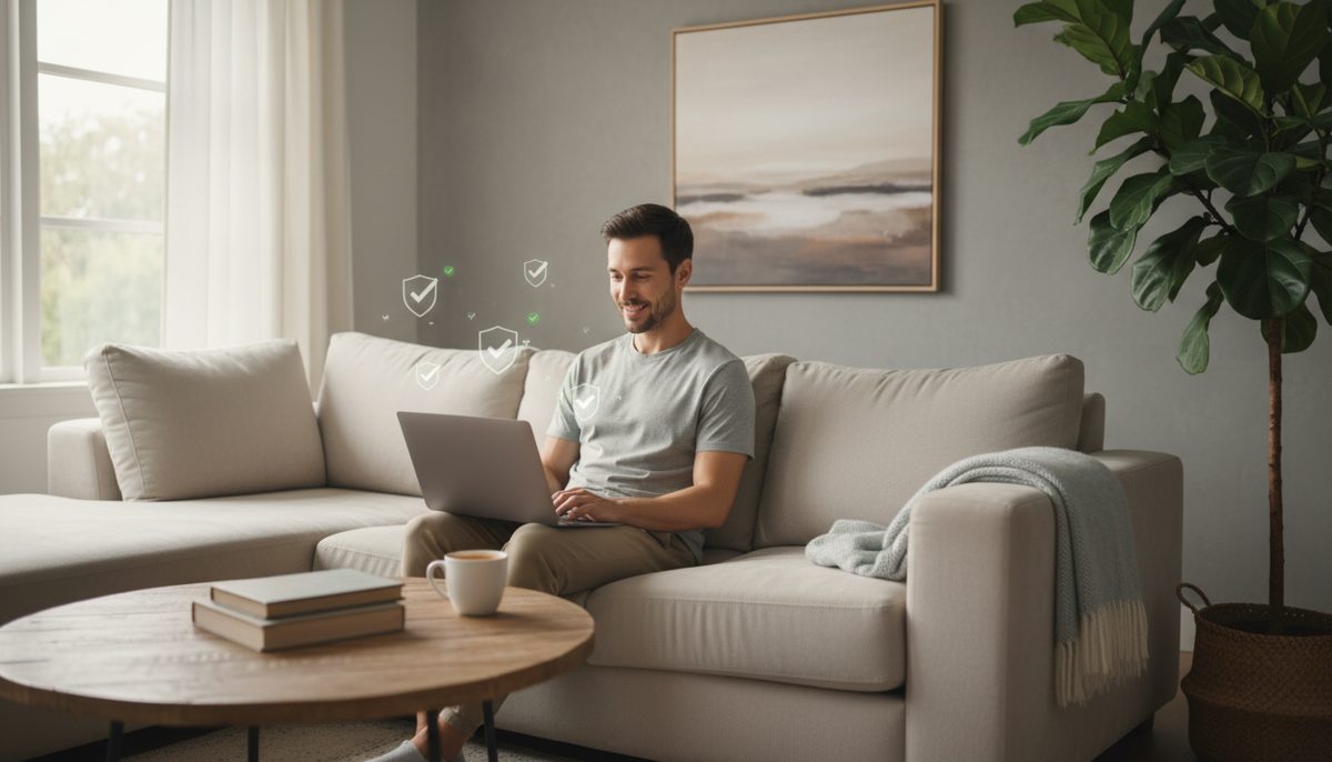 photorealistic neutral-toned living room with soft natural light, a relaxed adult sitting on a couch smiling while buyin