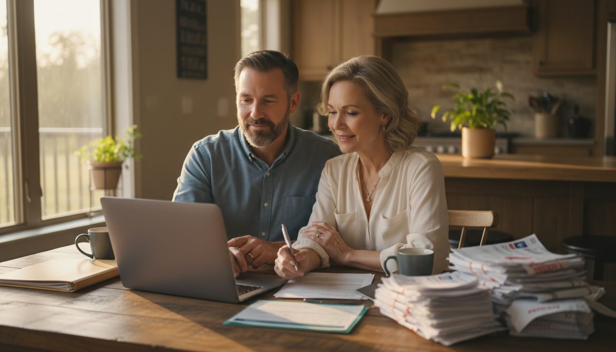 Texan couple reviewing finances with relief after receiving an insurance lump-sum benefit