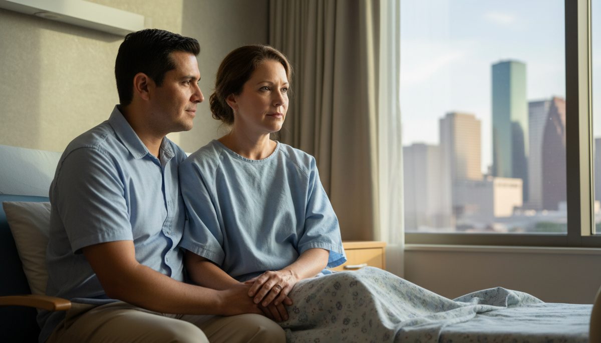 photorealistic neutral-tone scene of a middle-aged Texan woman in a hospital gown sitting on a bed with a brave, determi