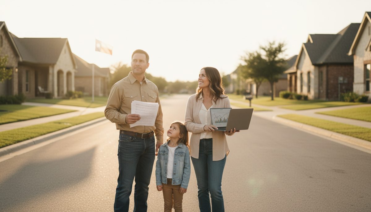 photorealistic warm neutral-toned scene of a resilient Texas family standing together on a quiet suburban street at suns