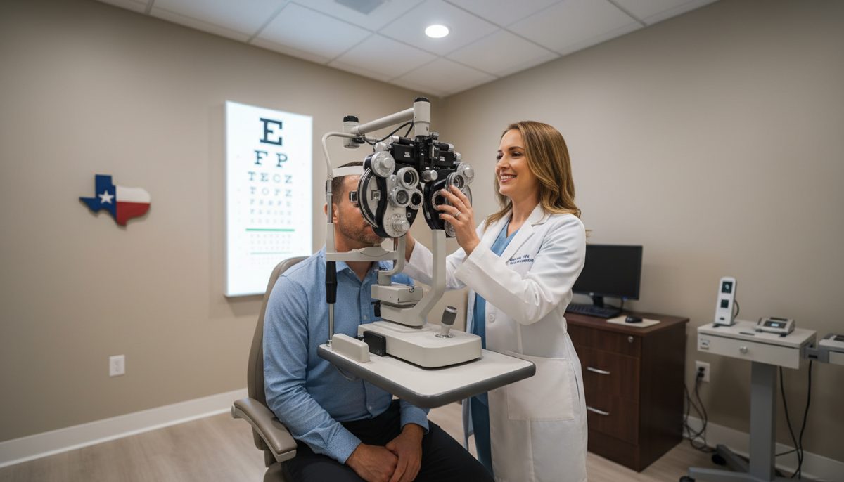 Eye doctor performing an exam on a patient in a Texas clinic