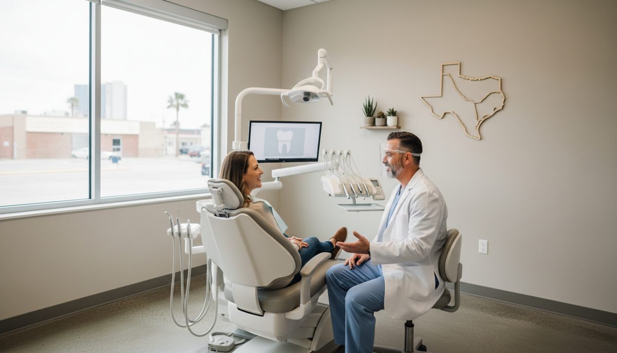 photorealistic neutral-toned scene inside a bright, modern Texas dental office; a confident adult patient smiling in the