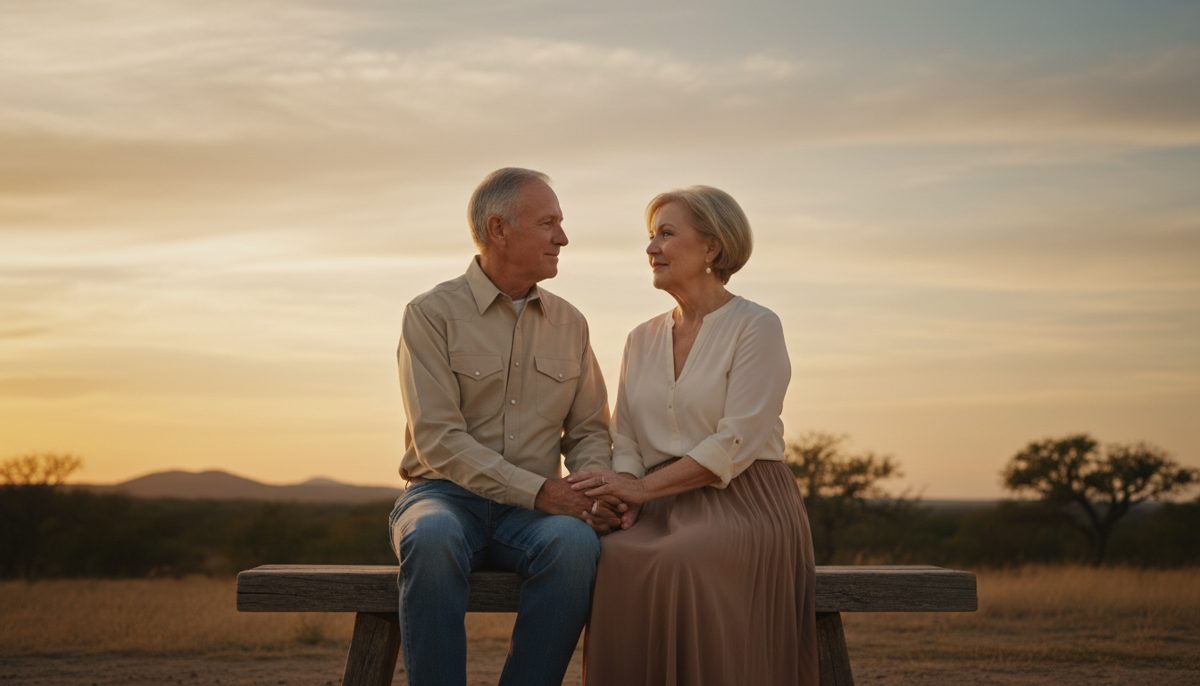 Senior couple in Texas holding hands at sunset, looking peaceful and reassured