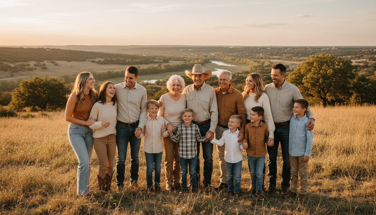 photorealistic multi-generational Texas family standing together outdoors at golden hour, grandparents, parents, and chi
