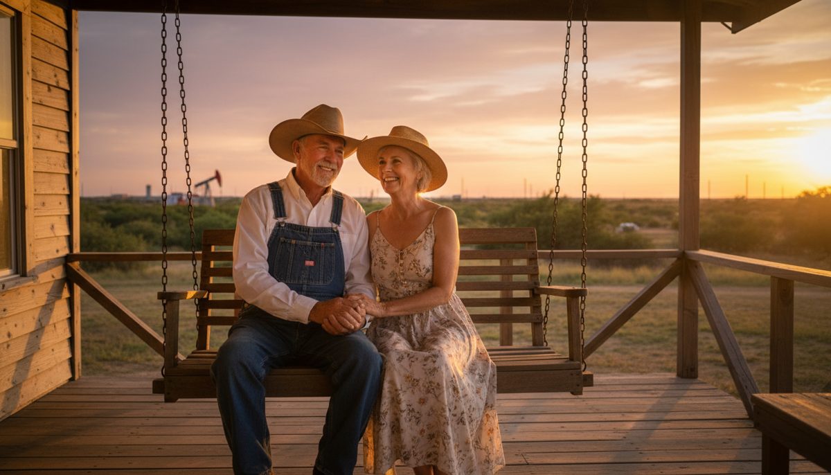 photorealistic warm-toned scene of an older Texas couple sitting together on a porch at sunset, holding hands and smilin