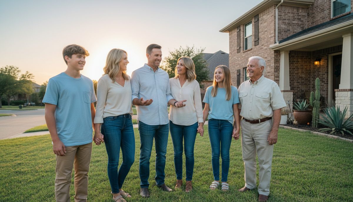 Smiling Texas family standing together outside their home after reviewing life insurance coverage