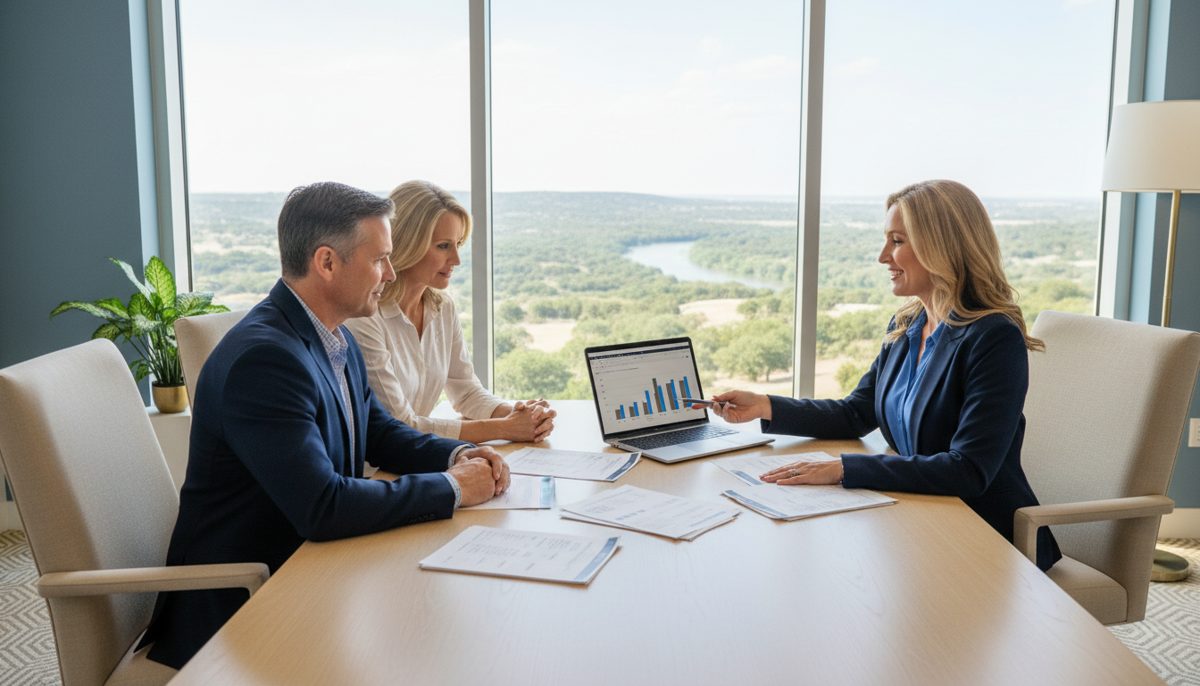photorealistic scene of a professional Texas insurance agent and a middle-aged couple sitting at a table in a bright off