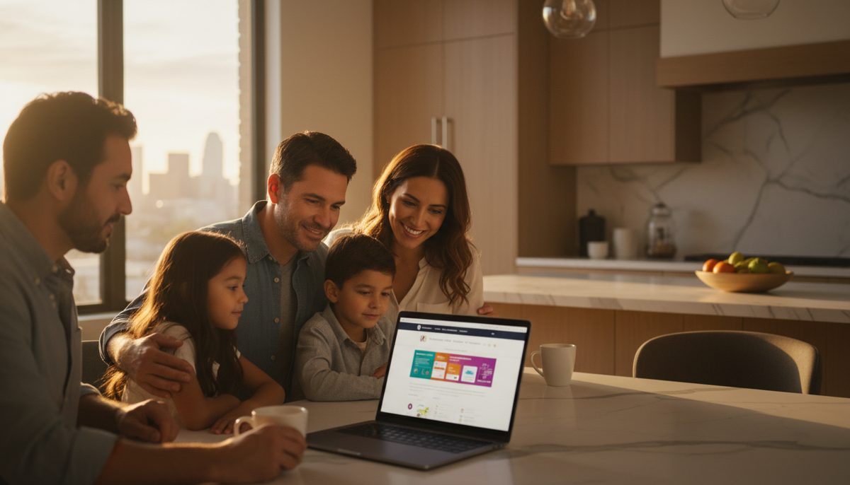 photorealistic warm diverse Texas Latino family sitting at a kitchen table in a modern Plano home, evening light coming 