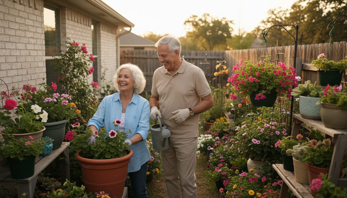 Senior couple enjoying time together in their home garden