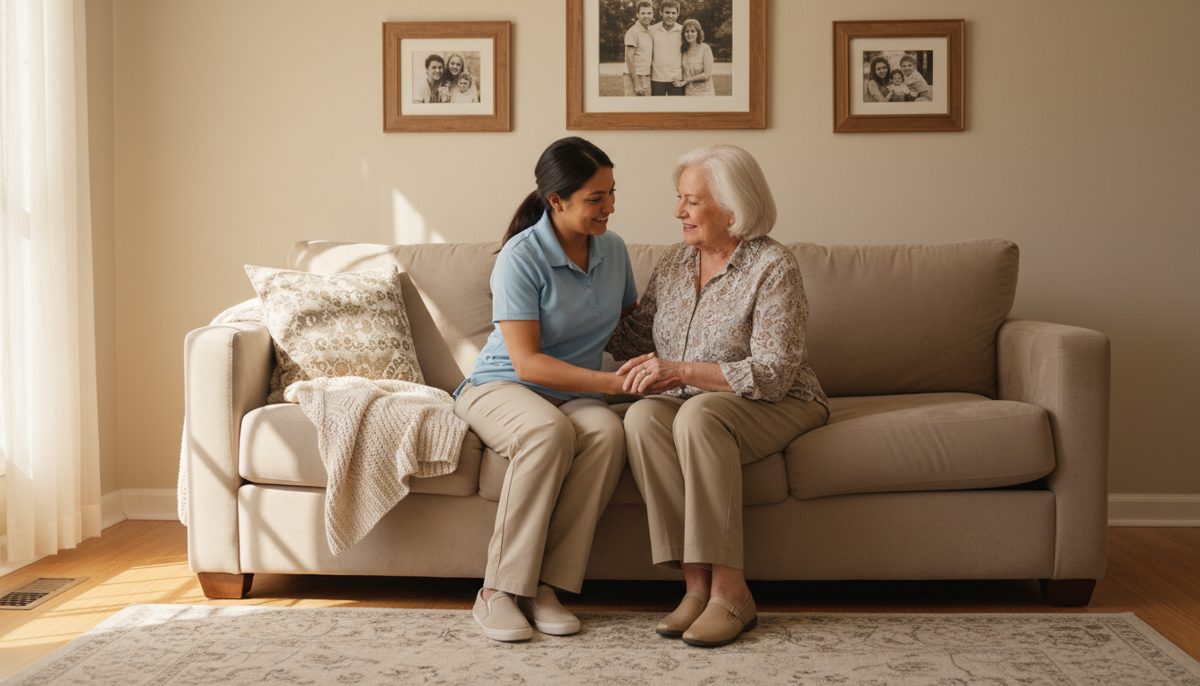 photorealistic warm scene of a compassionate home health aide helping an older Texas woman sit comfortably on a beige so