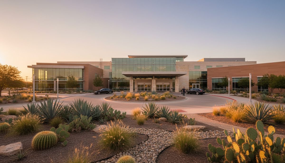 photorealistic warm-toned exterior of a modern Texas hospital at sunrise, clear sky, subtle Texas landscaping with nativ