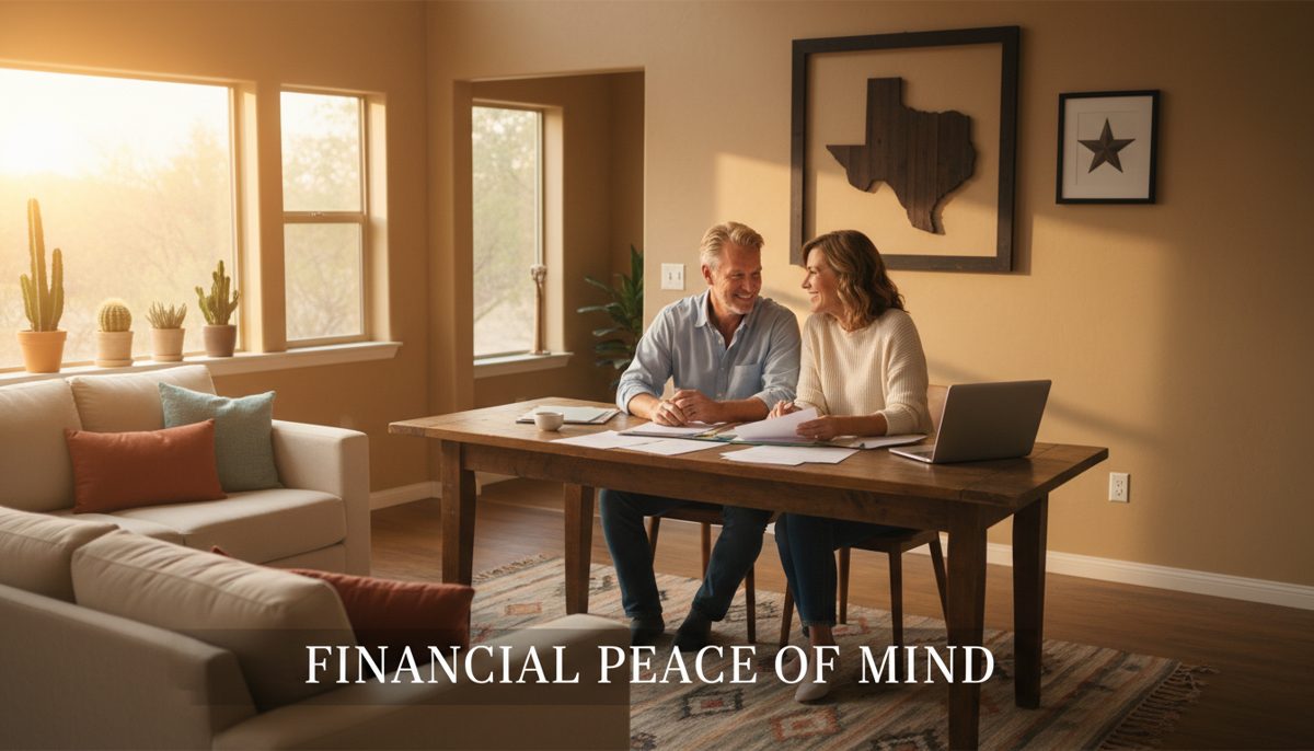 photorealistic warm-toned Texas living room at sunset, middle-aged couple at kitchen table reviewing insurance paperwork