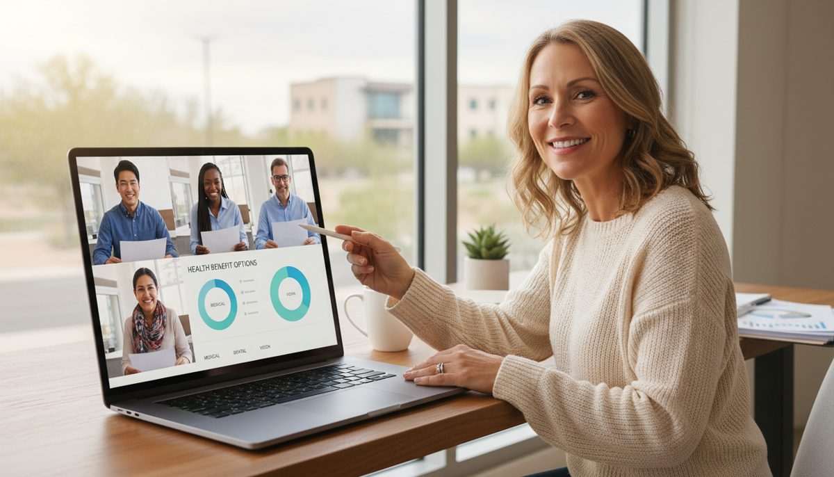 Texas business owner on video call with diverse remote team reviewing health benefits