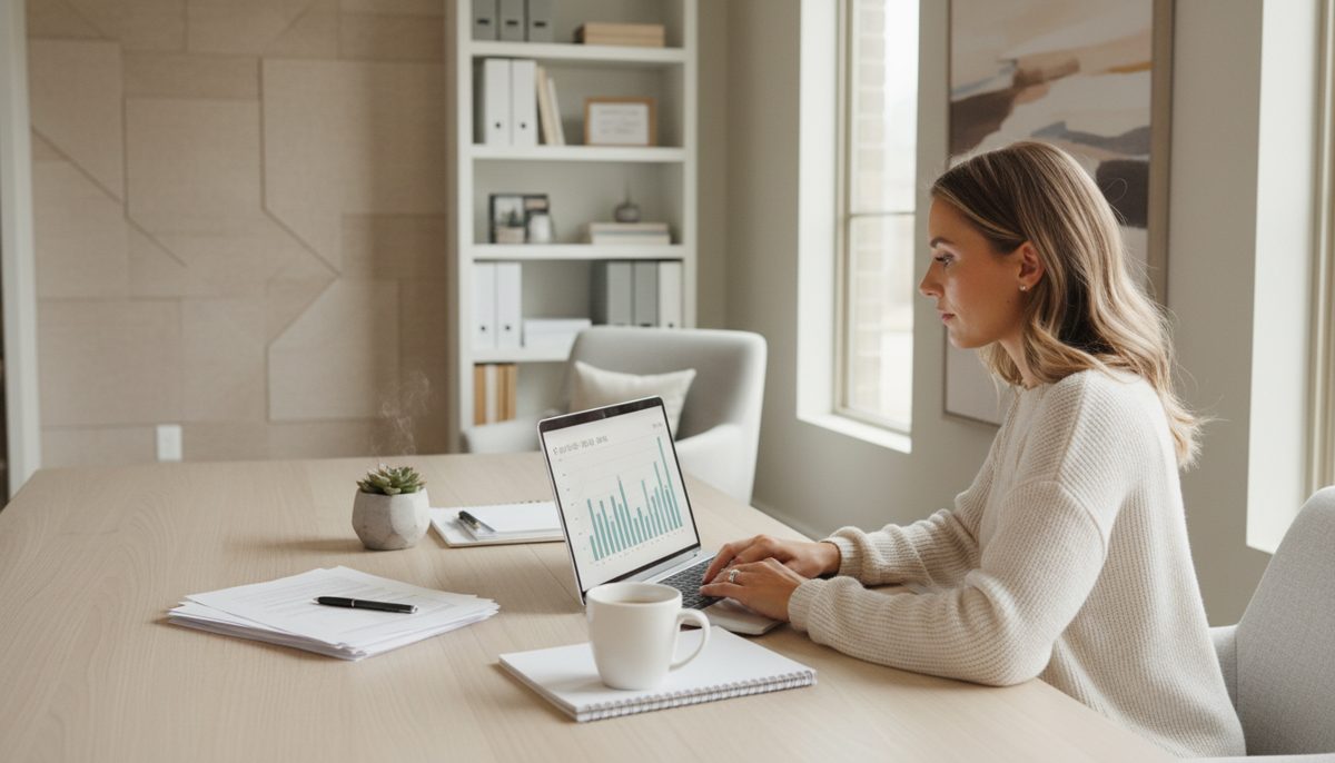photorealistic neutral-color scene of a remote professional working on a laptop in a bright modern Texas home office, pa