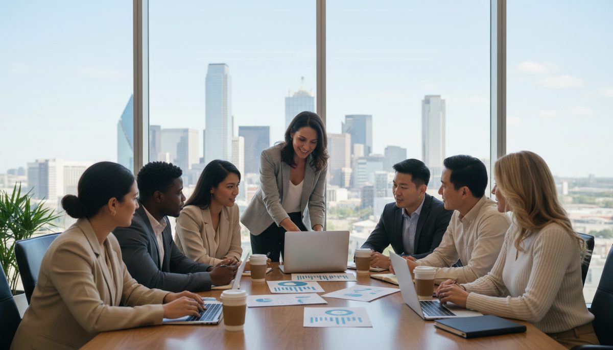 photorealistic neutral-toned scene of a Texas small business owner and diverse team gathered around a conference table,
