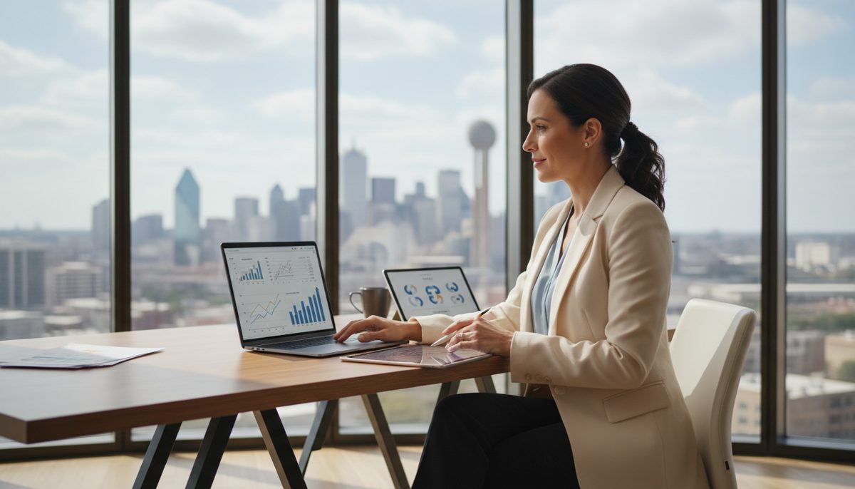 photorealistic neutral-color scene of a successful Texas professional in a modern glass-walled Plano office, reviewing g