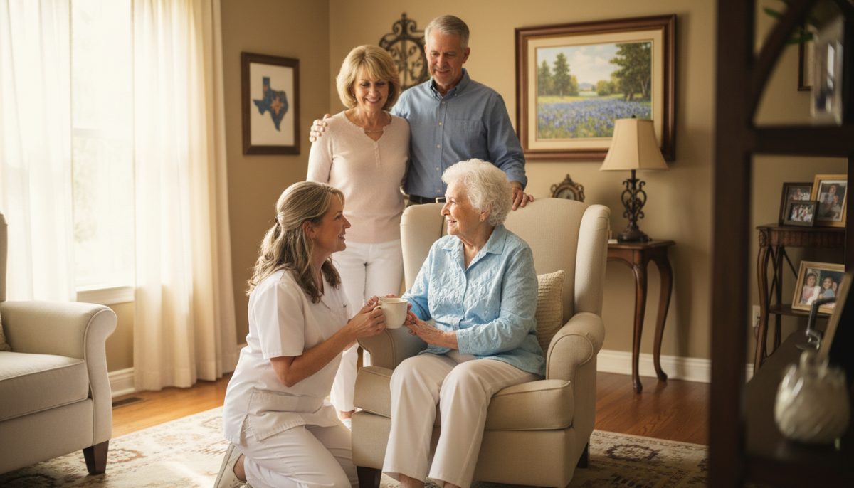 Senior Texan receiving dignified long-term care at home with supportive family present