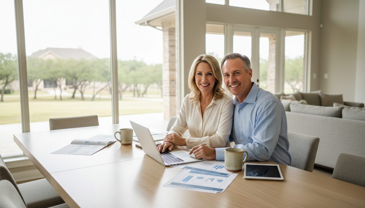 photorealistic prosperous Texas couple in their 50s sitting at a modern dining table with a laptop, printed financial do