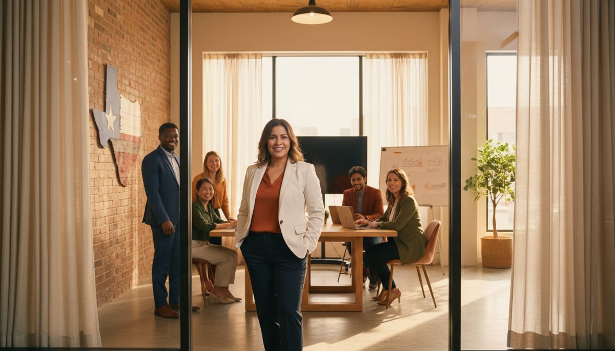 photorealistic warm-toned scene of a confident Texas small business owner standing at the front of their shop with the T