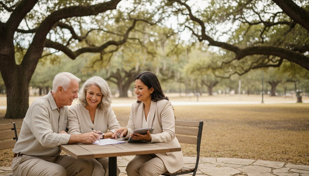 Senior couple reviewing insurance papers outdoors