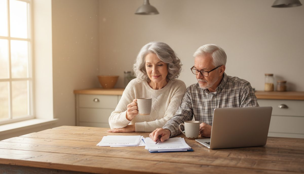 Couple reviewing Medicare paperwork at a kitchen table