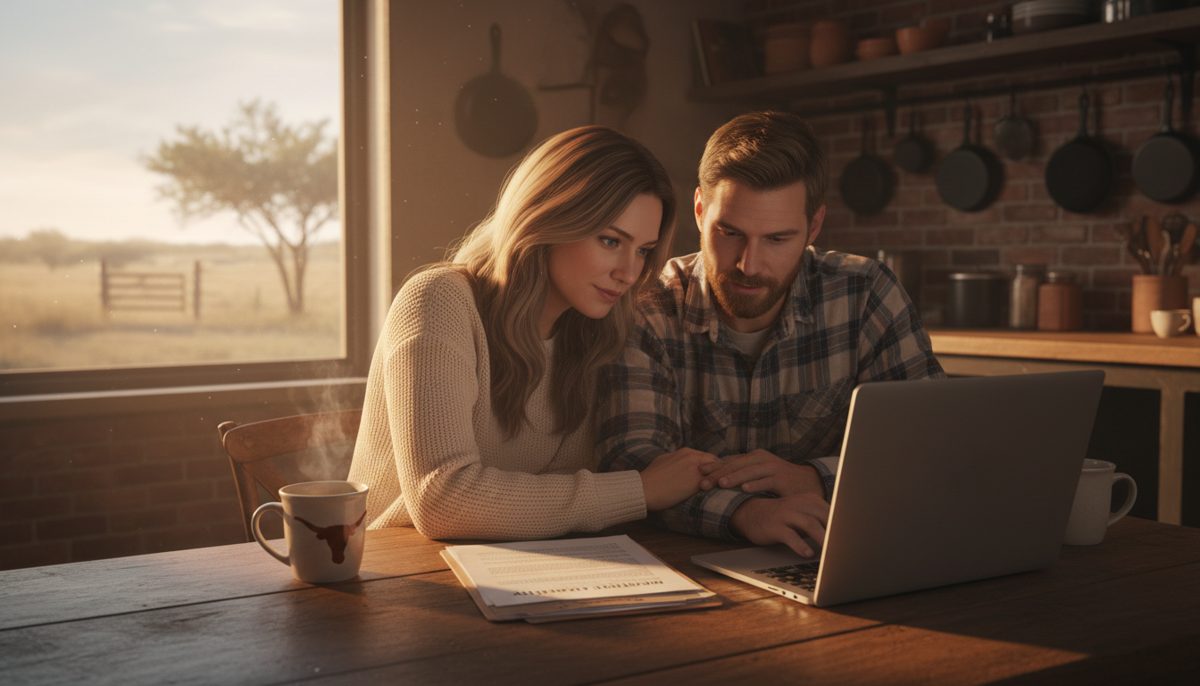 Texas couple reviewing mortgage and insurance options at their kitchen table