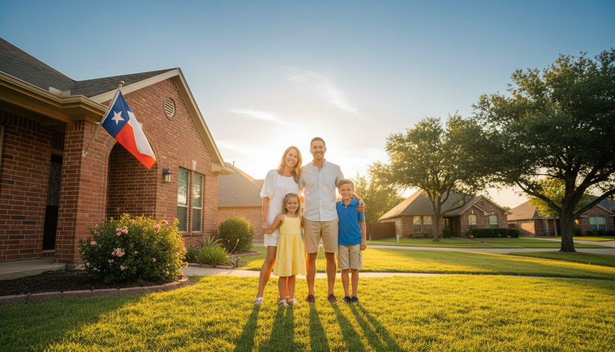 photorealistic warm-toned Texas suburban neighborhood at golden hour, smiling family with two young kids standing in fro