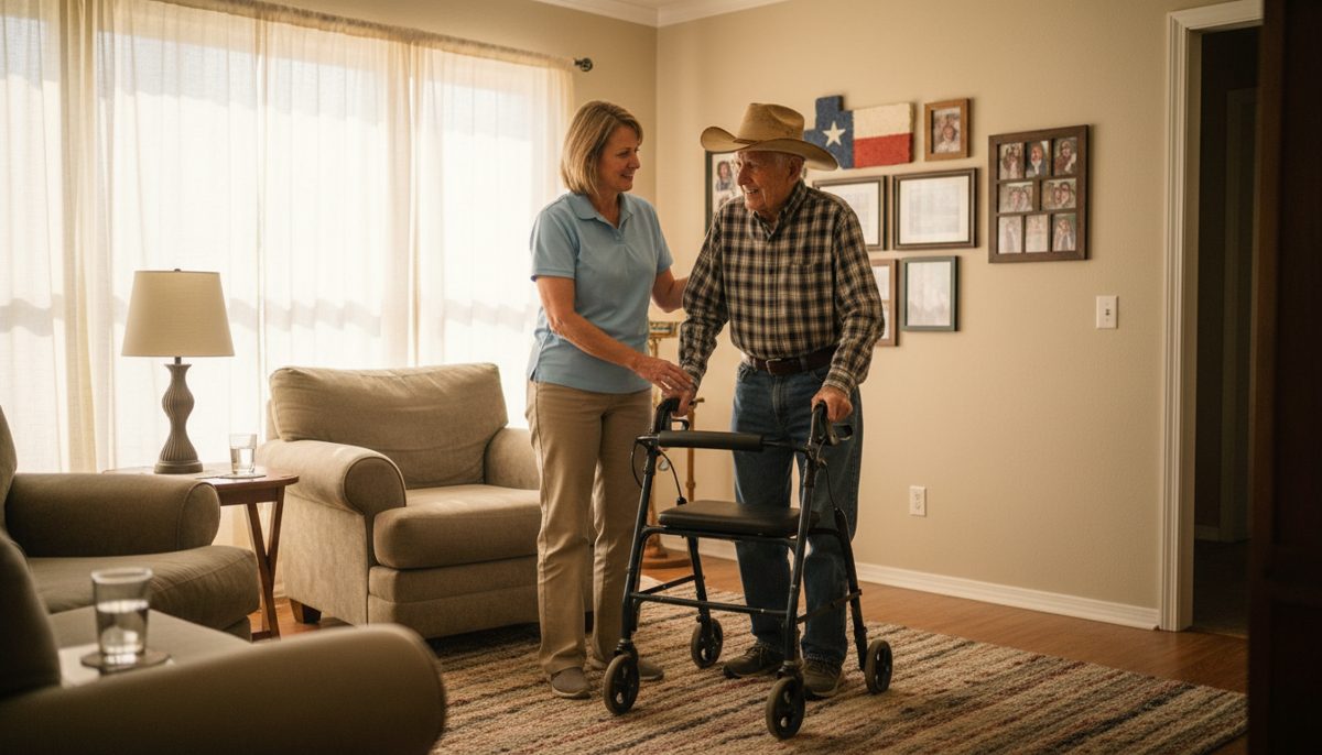 Home health aide assisting an older Texan man with mobility in his living room