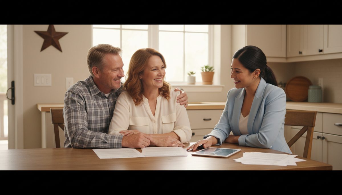 photorealistic neutral-toned scene of a middle-aged Texas couple sitting at a kitchen table with a friendly insurance ag