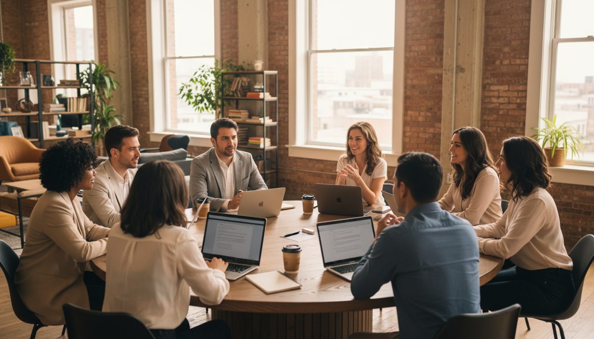 Diverse Texas freelancers and small business owners collaborating in a coworking space