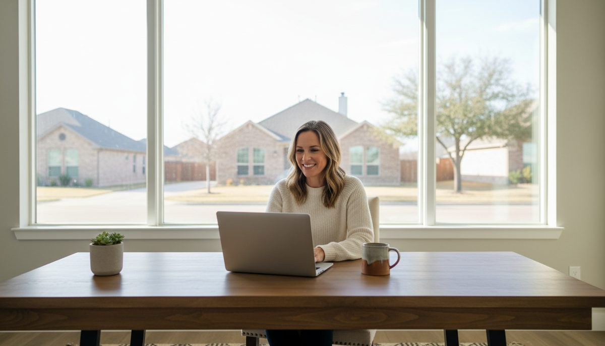 photorealistic self-employed professional working from a modern Texas home office, open laptop, coffee mug, large window
